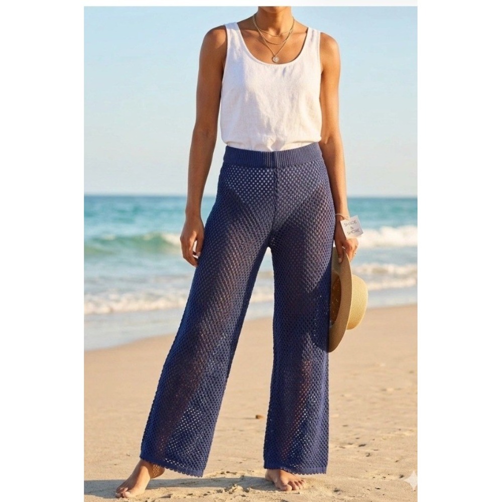 Shade & Shore Crochet Pants Size M Navy Open Knit Swim Cover Up Beach Resort NWT